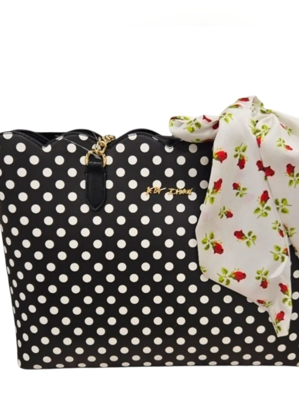 🖤▪️Betsey Johnson ▪️Polka Dot Scalloped Tote Bag with Floral Scarf Black/white